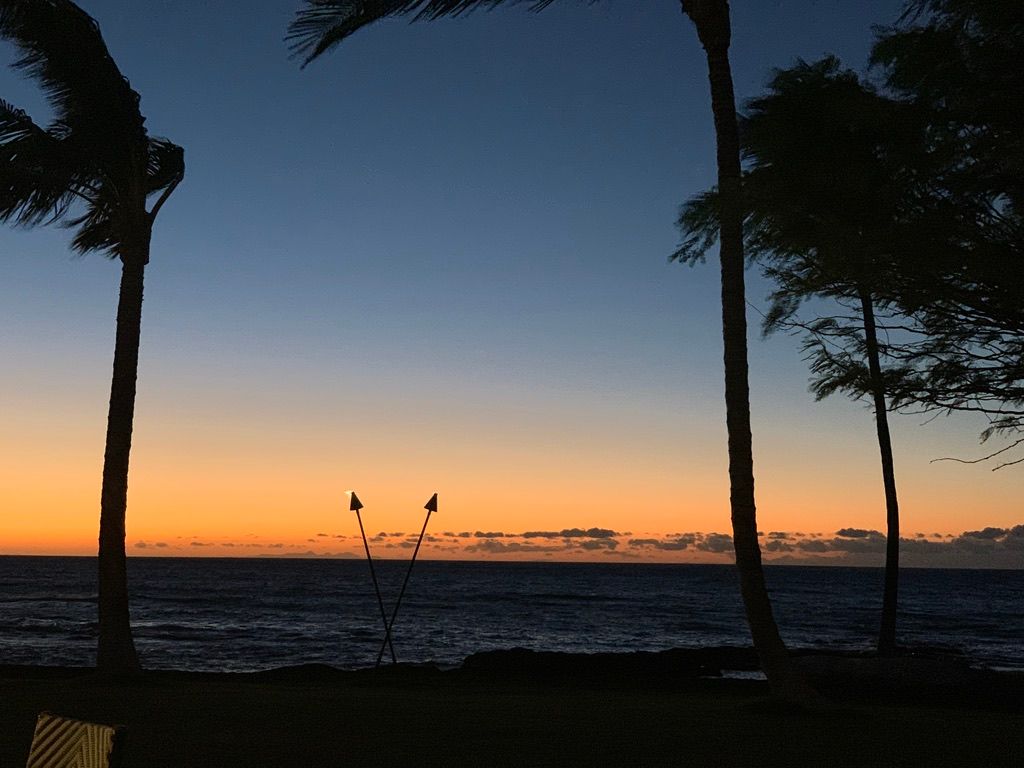 Photo of sunset from the Mauna Lani resort. Sunset from our table at Canoe House.