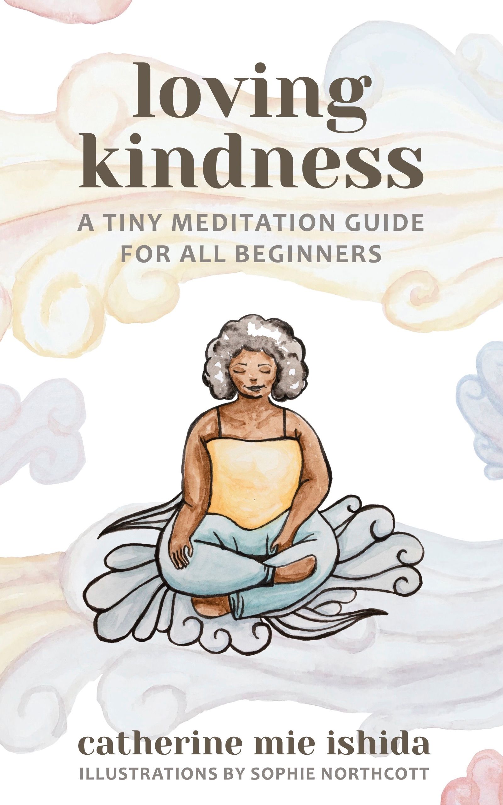 Book cover showing a woman meditating in cross-legged position amoung colorful clouds.